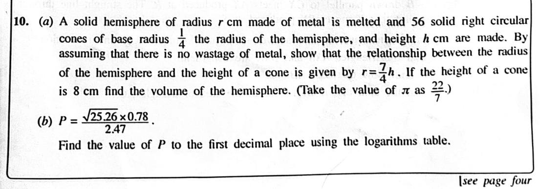 Paper II Part B Q10: Volume equation for melted solids and log table calculation