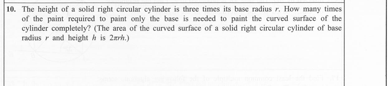 Paper I Part A Q10: Curved surface of a cylinder as a multiple of its base