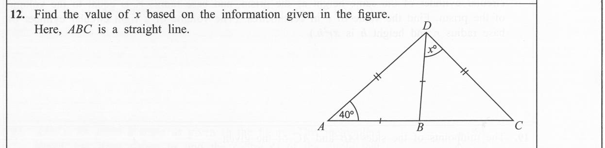 Paper I Part A Q12: Angle in isosceles triangles on a straight line