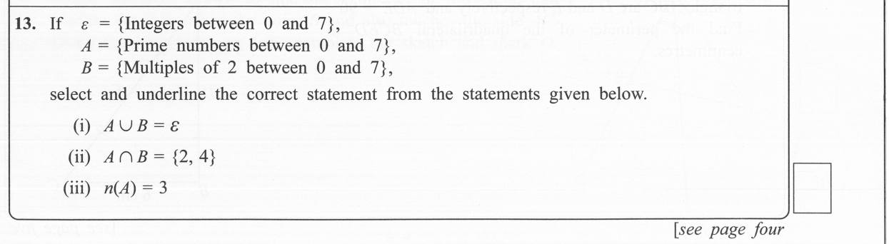 Paper I Part A Q13: Choose the true statement about given sets
