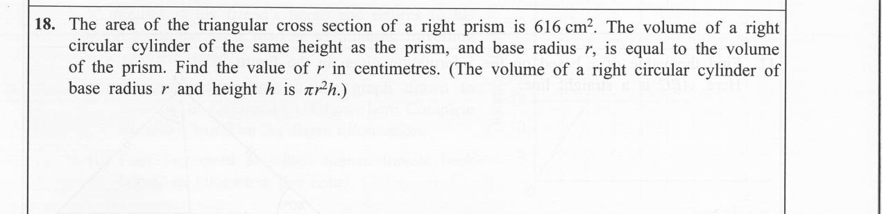 Paper I Part A Q18: Cylinder radius equal in volume to a prism