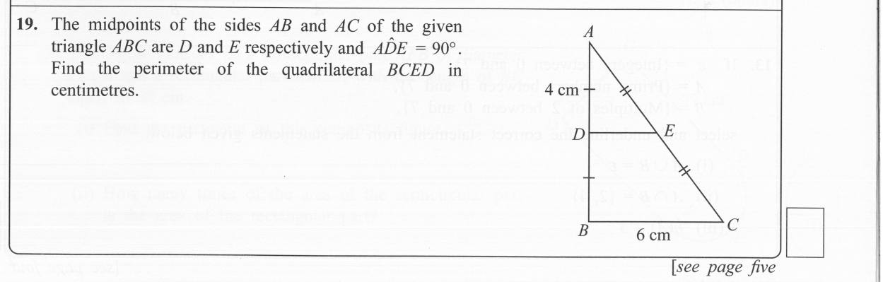 Paper I Part A Q19: Perimeter of a trapezium cut off by a midpoint line