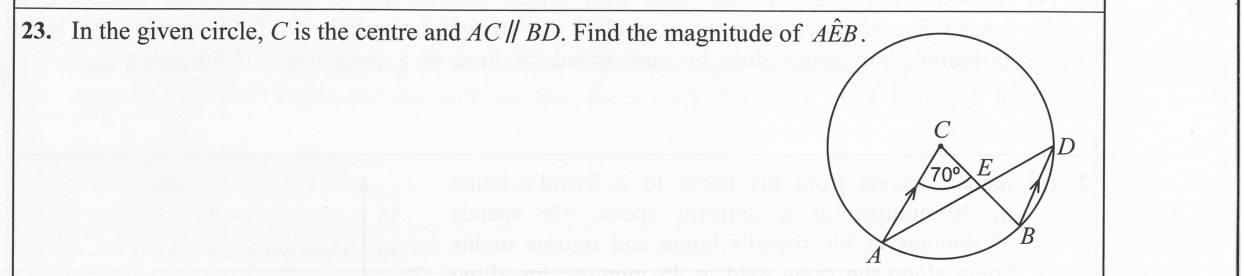 Paper I Part A Q23: Angle between chords using a centre angle and parallels
