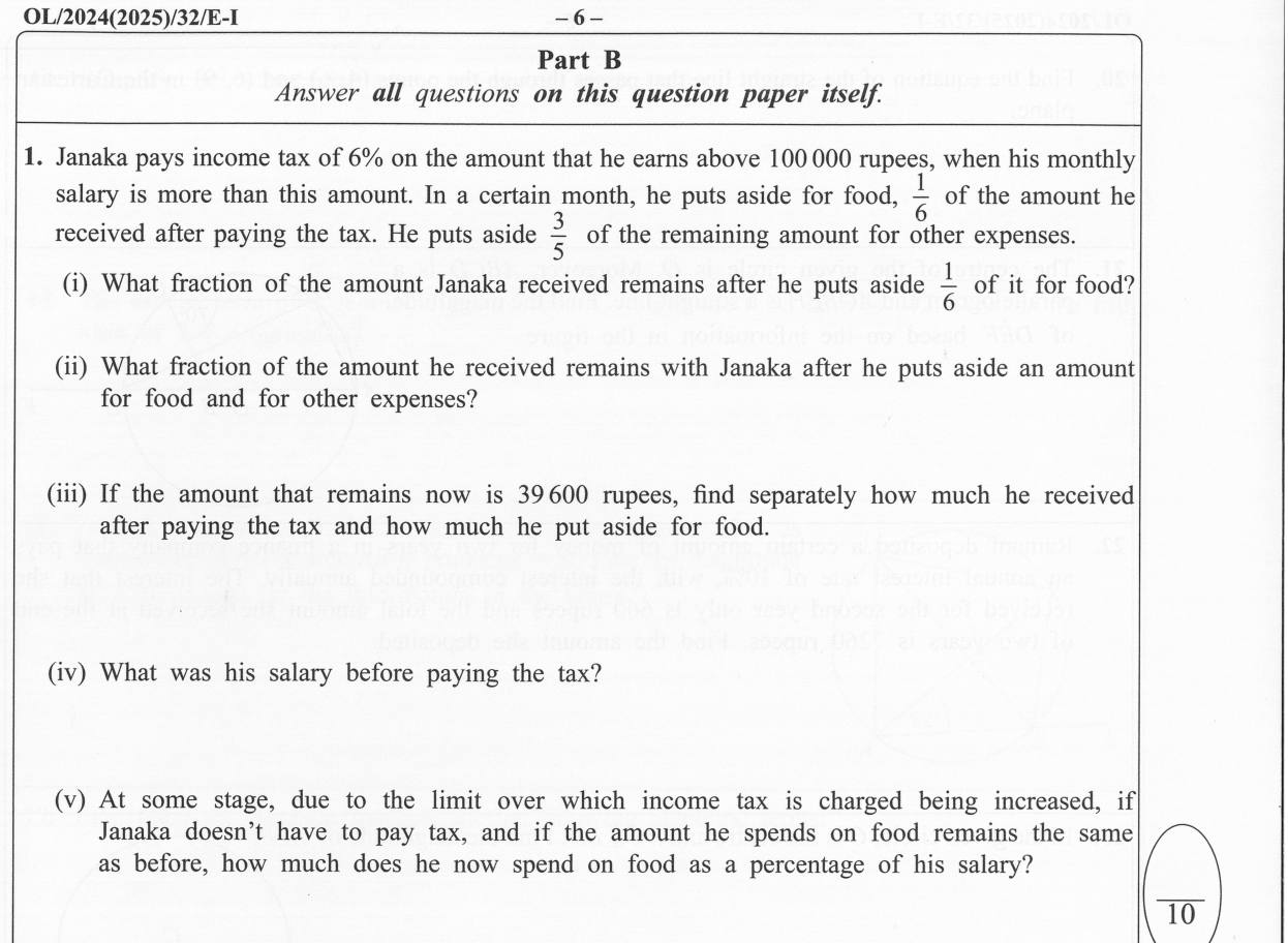Paper I Part B Q1: Fractions of salary after tax; income tax reverse; food as a percentage