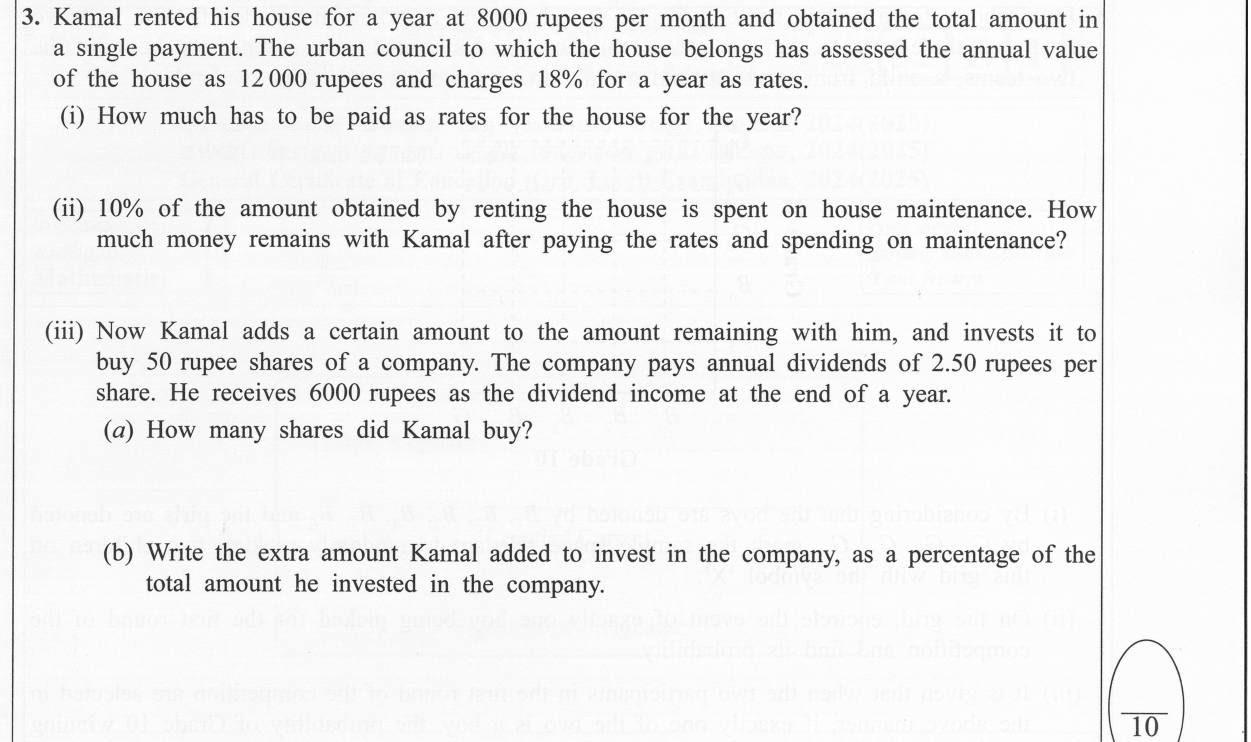 Paper I Part B Q3: Rates on a house, rent left after costs, shares and dividends