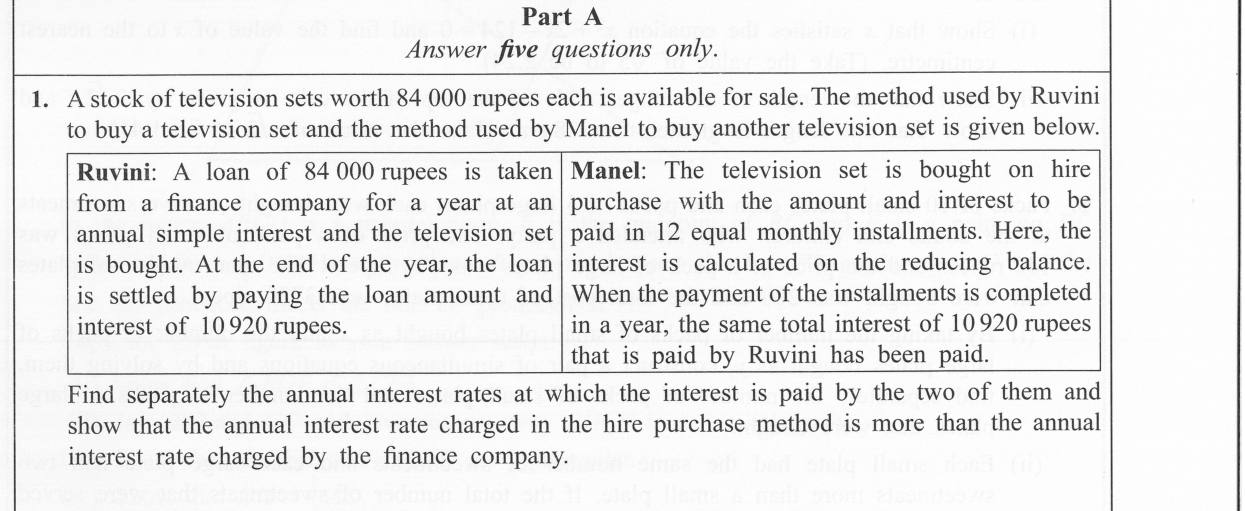 Paper II Part A Q1: Compare simple interest loan rate with hire-purchase reducing-balance rate