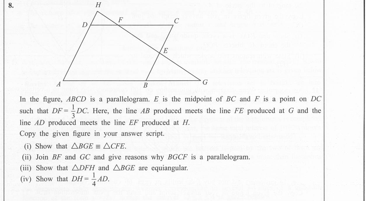 Paper II Part B Q8: Parallelogram: congruent triangles, a new parallelogram, equiangular triangles, a ratio