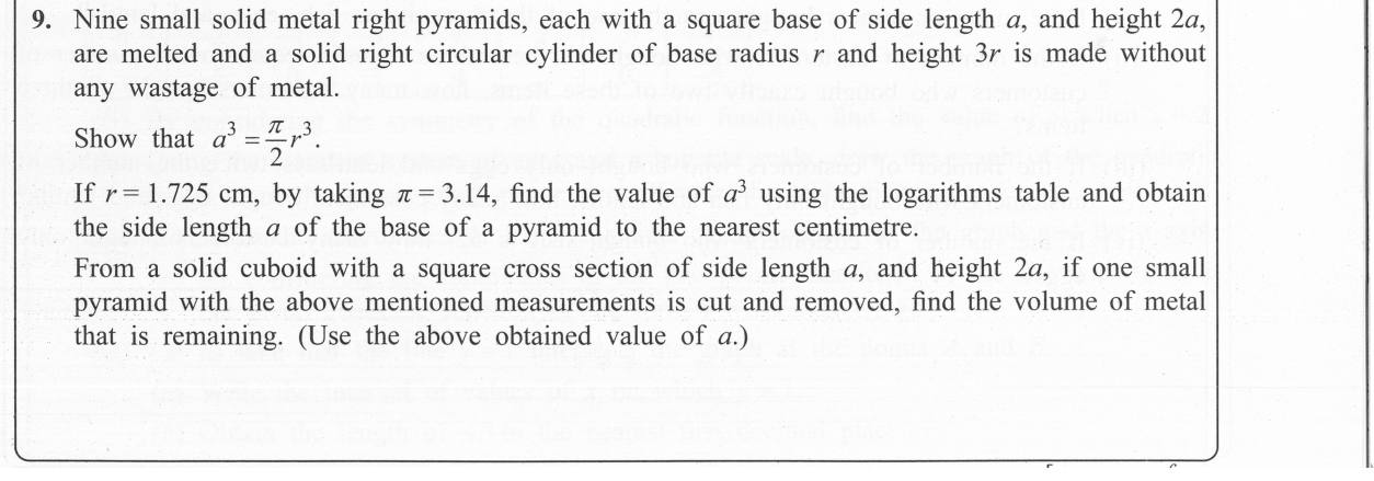 Paper II Part B Q9: Pyramids melted into a cylinder; log calculation; remaining volume