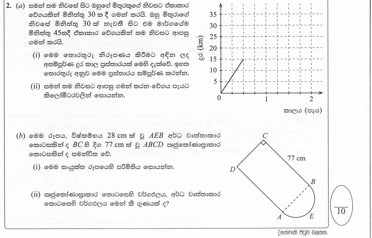 Paper I Part B Q2: Distance-time graph and return speed; composite figure perimeter and area ratio