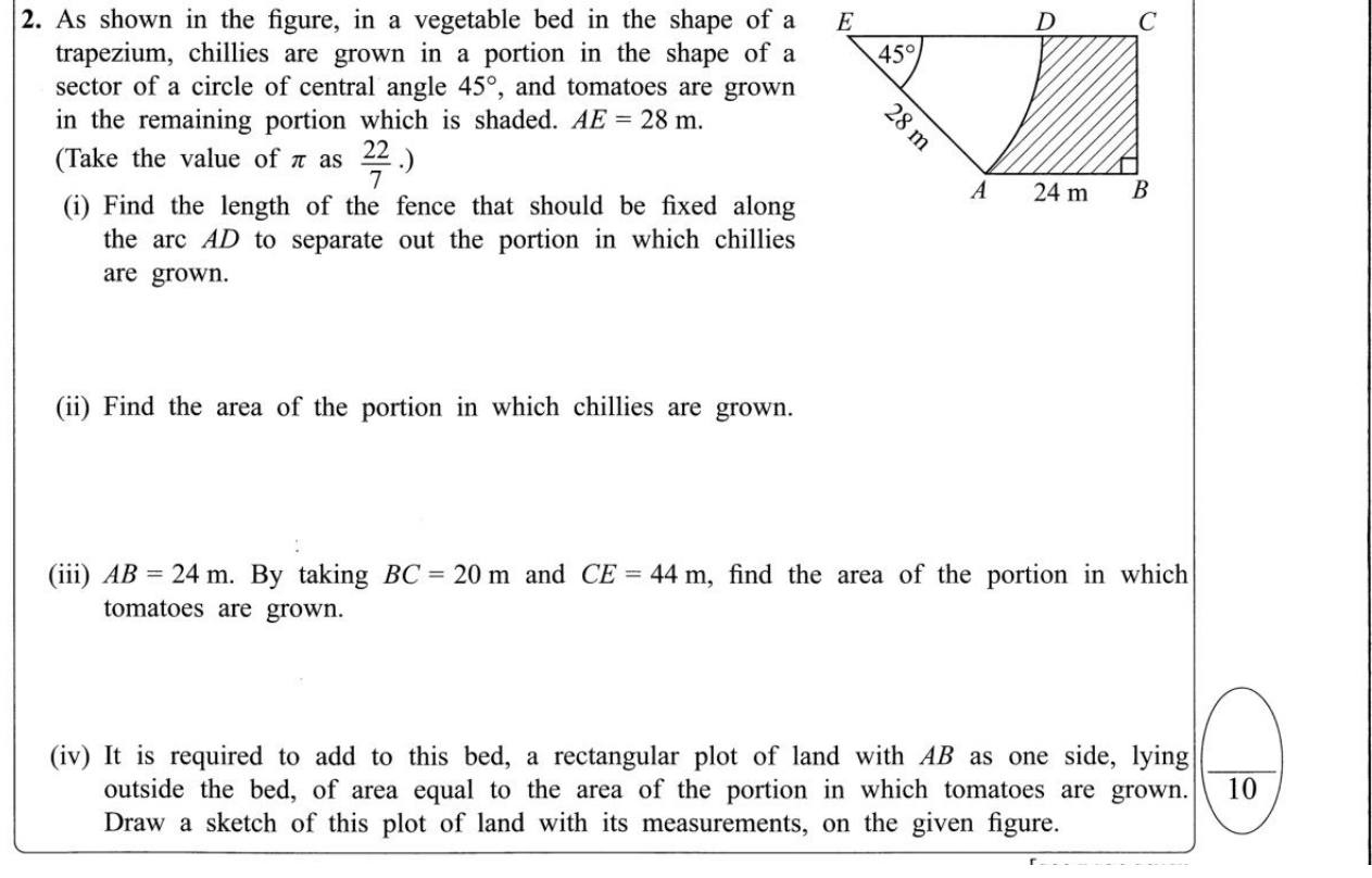 Paper I Part B Q2: Sector arc and area in a trapezium; equal-area rectangle sketch