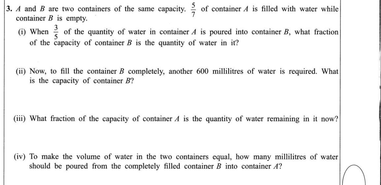 Paper I Part B Q3: Fractions of water moved between two equal containers