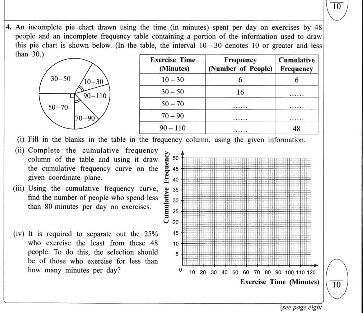 Paper I Part B Q4: Pie chart to frequency table, ogive, reading values and lower quartile
