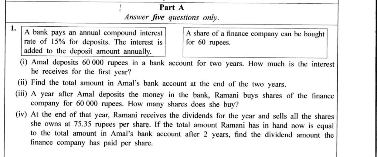 Paper II Part A Q1: Compound interest over two years; shares bought and sold, dividend per share