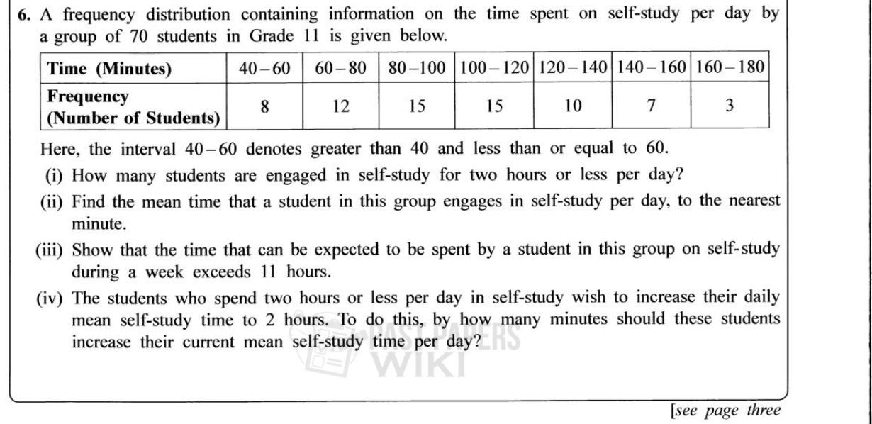 Paper II Part A Q6: Grouped mean study time; weekly total; required increase