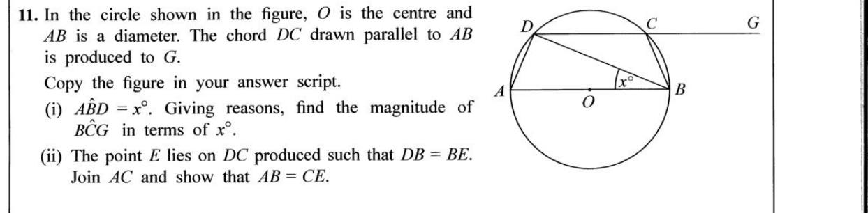 Paper II Part B Q11: Circle with parallel chord: exterior angle; prove a parallelogram gives equal sides