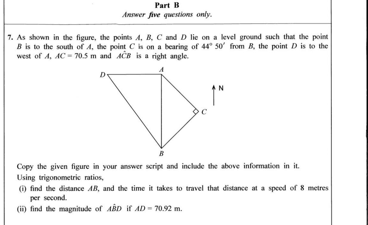 Paper II Part B Q7: Bearing and right triangle: distance, travel time, and an angle by tangent